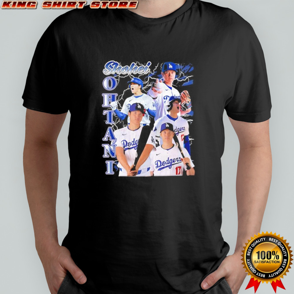Shohei Ohtani in a Los Angeles Dodgers players graphic shirt