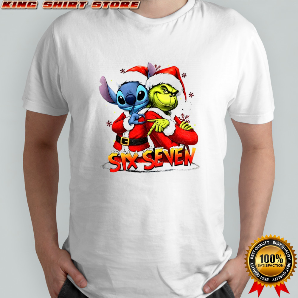 Stitch and Grinch Santa hat Six Seven meme Merry Christmas shirt