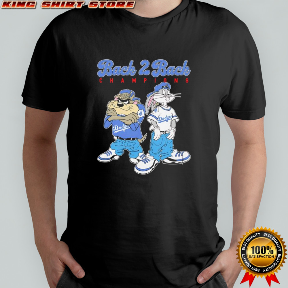 Tasmanian Devil Taz and Bugs Bunny wearing Dodgers Back 2 Back champions pose shirt