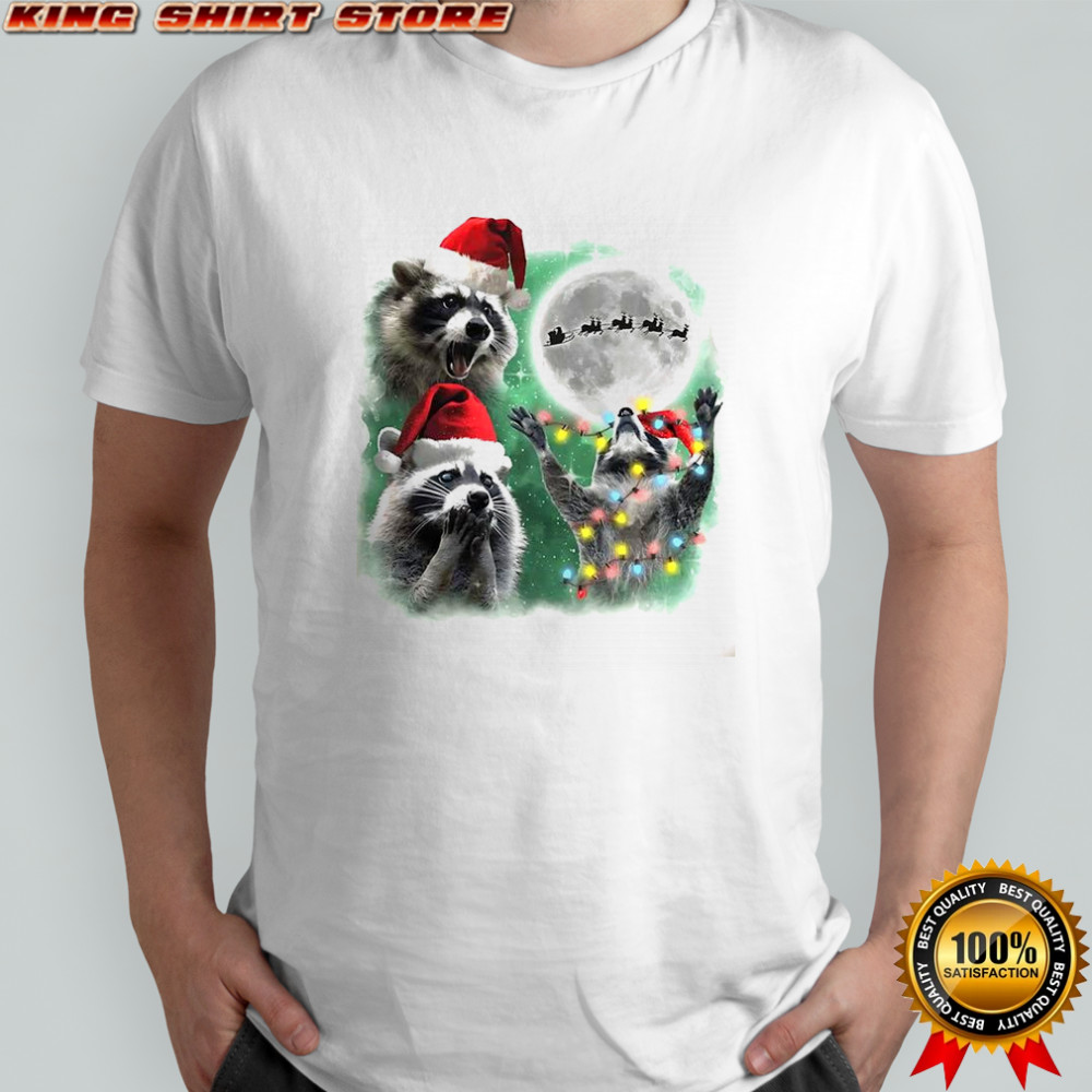 Three raccoons with the lamp string under moon Christmas shirt