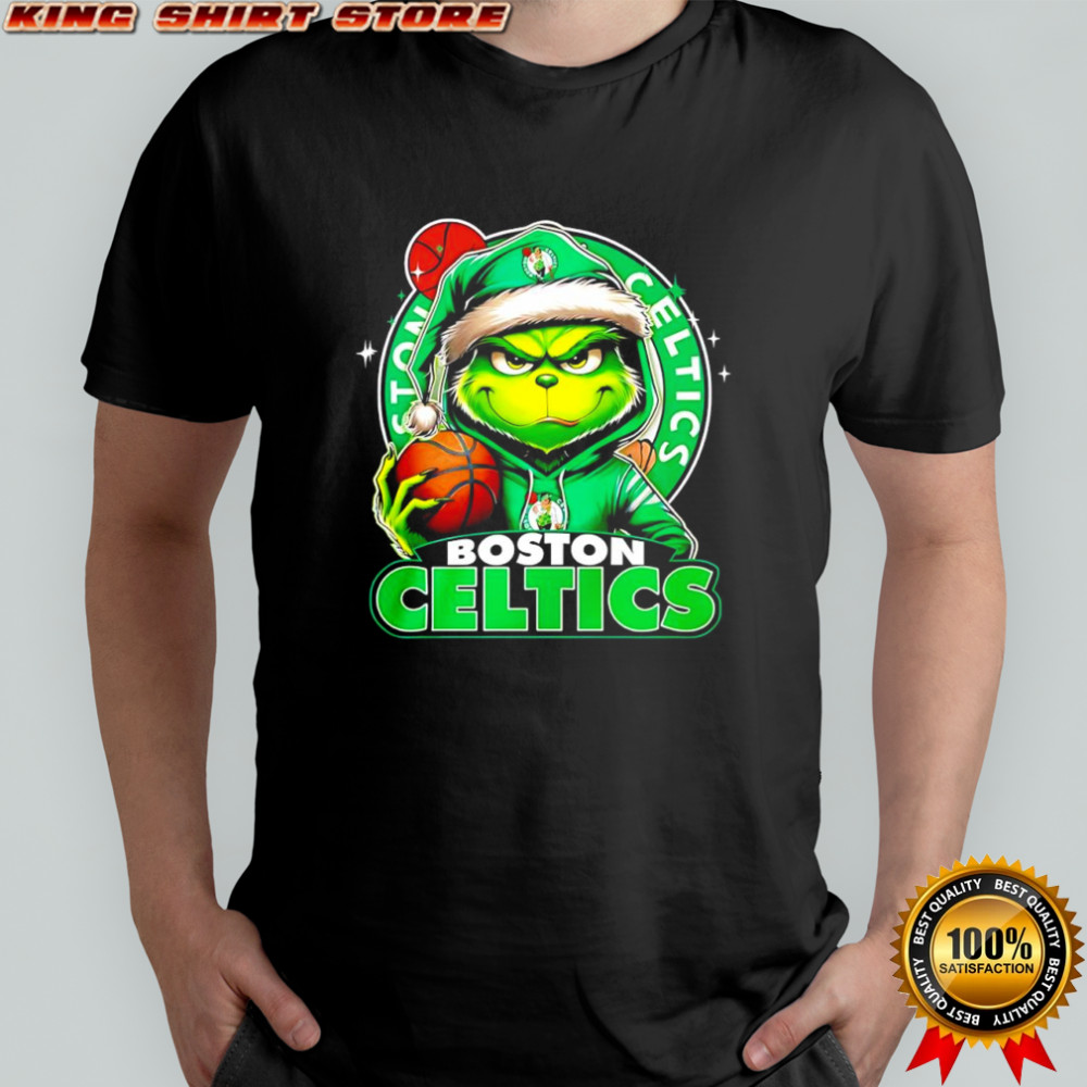 Grinch wearing Santa x Boston Celtics hat Christmas shirt