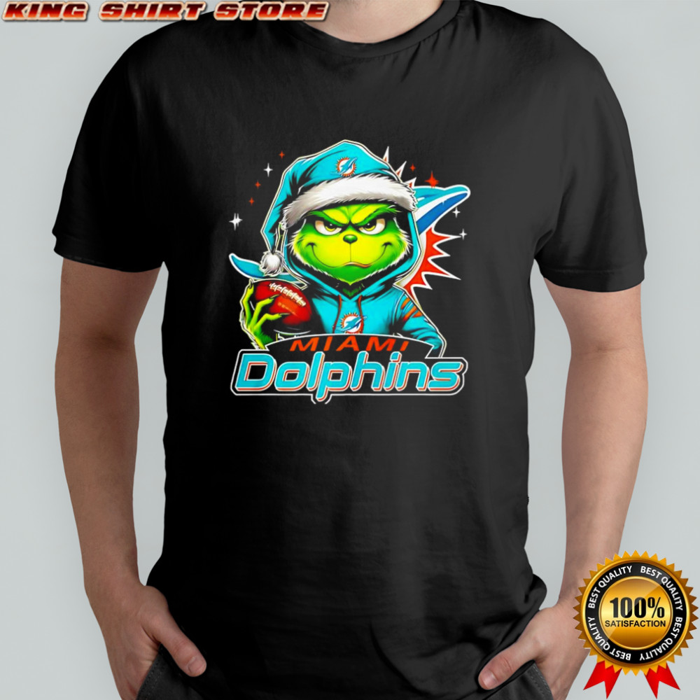 Grinch wearing Santa x Miami Dolphins hat Christmas shirt