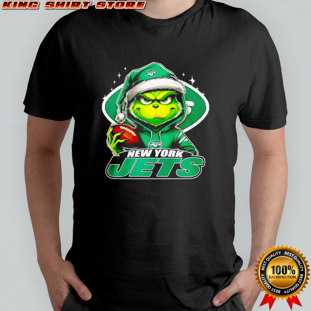 Grinch wearing Santa x New York Jets hat Christmas shirt