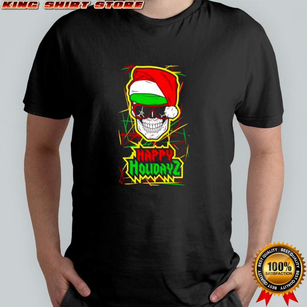 Happy Holidayz Skull Santa hat shirt