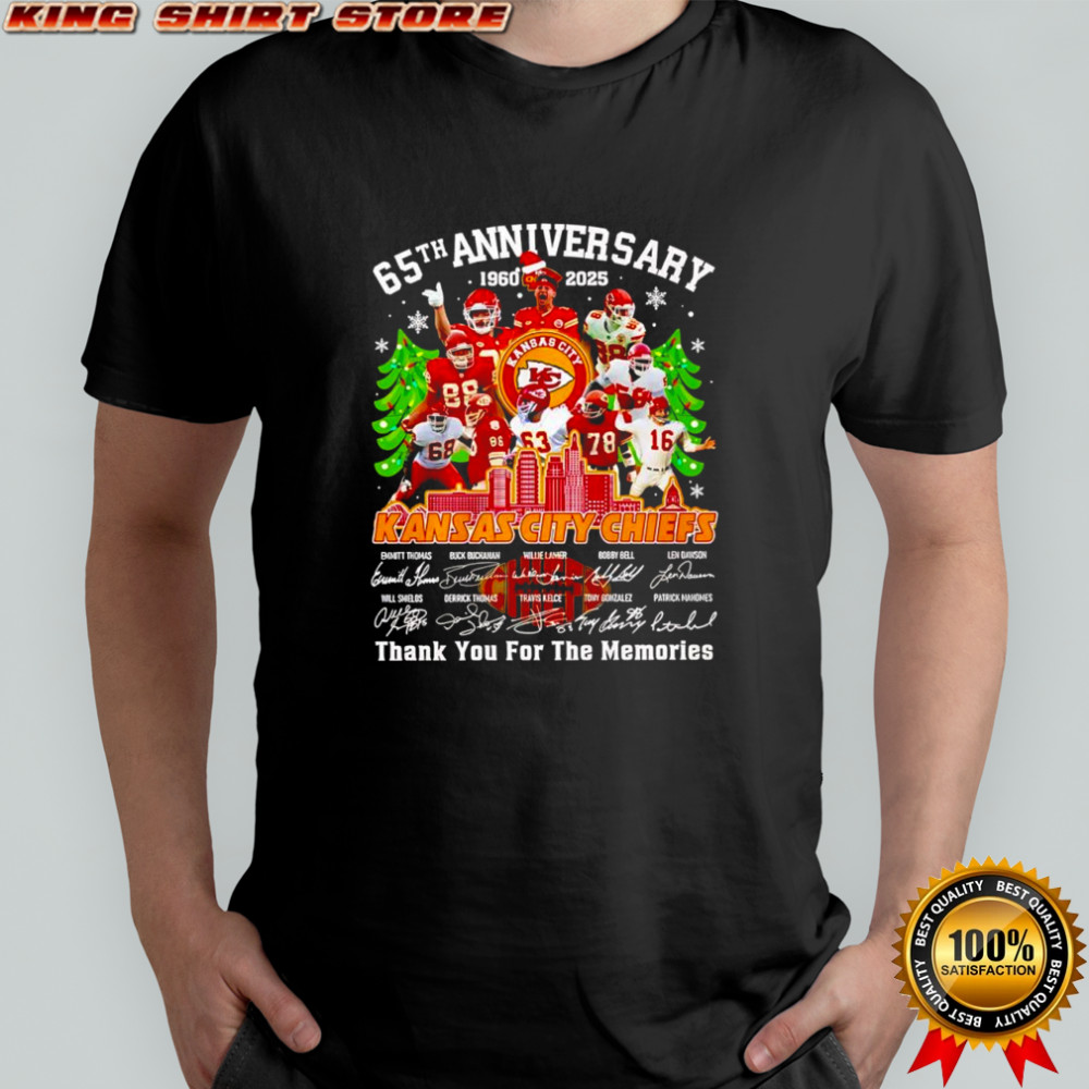 Kansas City Chiefs 65th anniversary 1960 to 2025 signatures Christmas trees and snowflakes shirt
