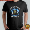 Mountain hockey mammoth skull with horns in blue flames shirt