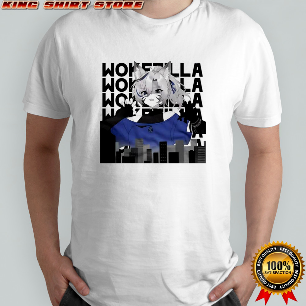 Nyara’s VTuber towering over a city skyline wokezilla shirt
