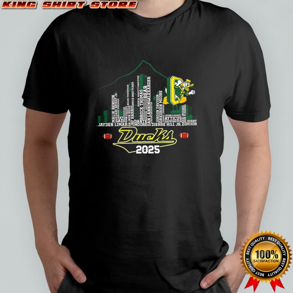 Oregon Ducks football name player 2025 city skyline mountain shirt