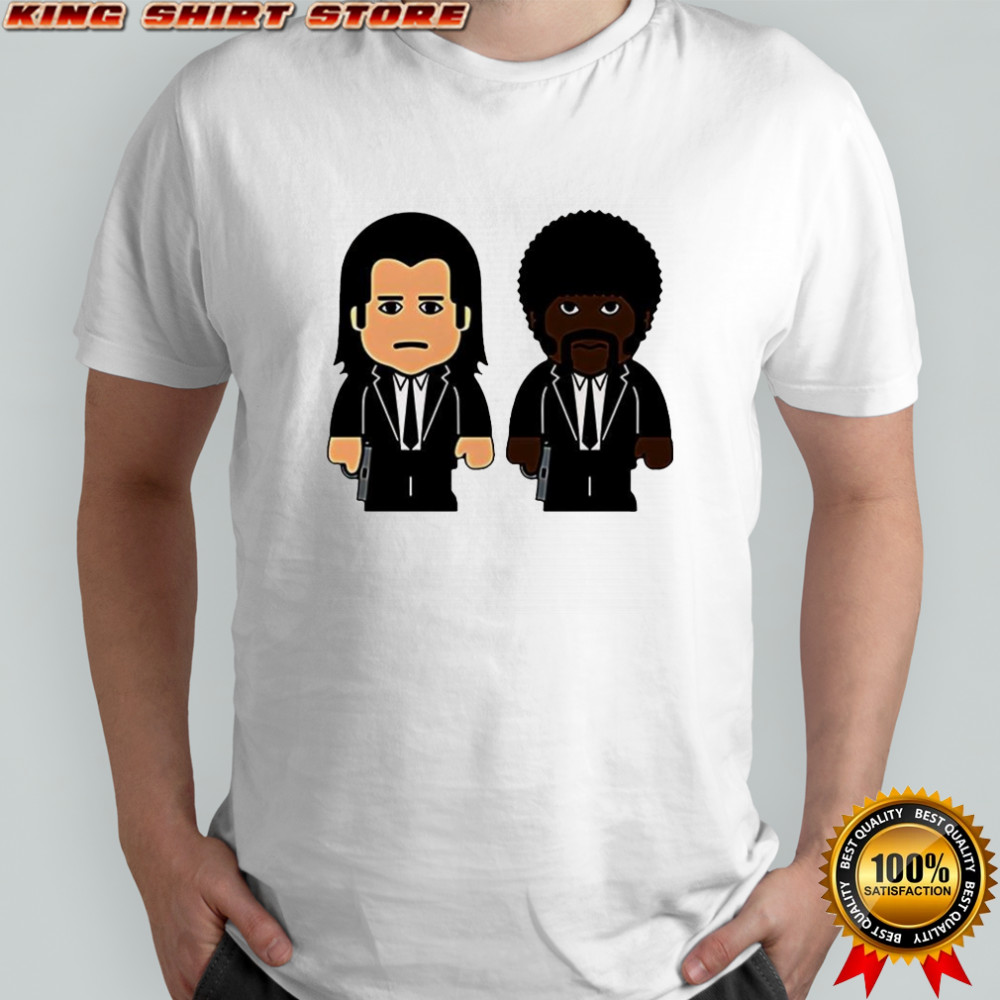 Samuel L Jackson wearing Pulp fiction Jules Winnfield and Vincent Vega cartoon shirt