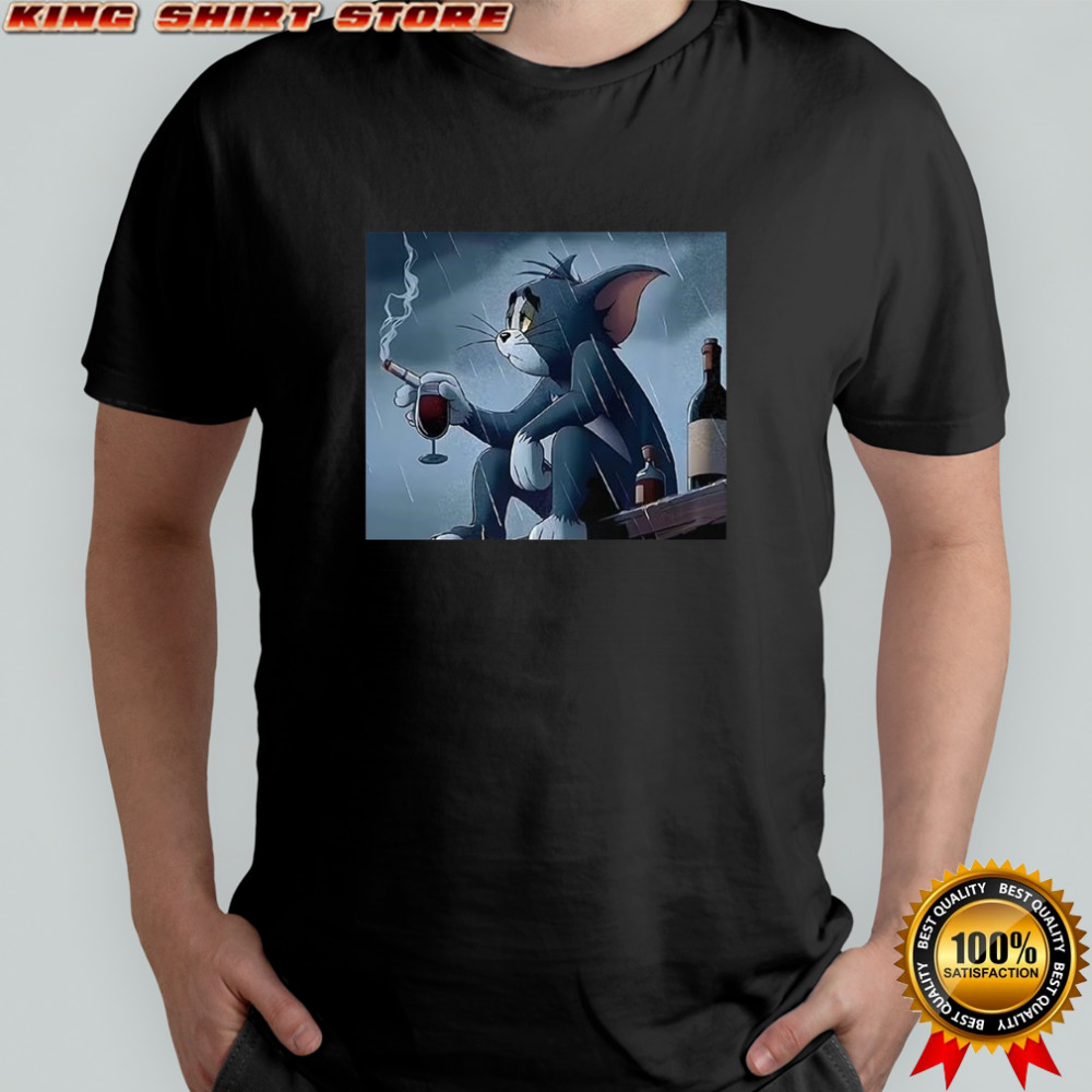 Tom pensive and sad smoking in the rain cartoon shirt
